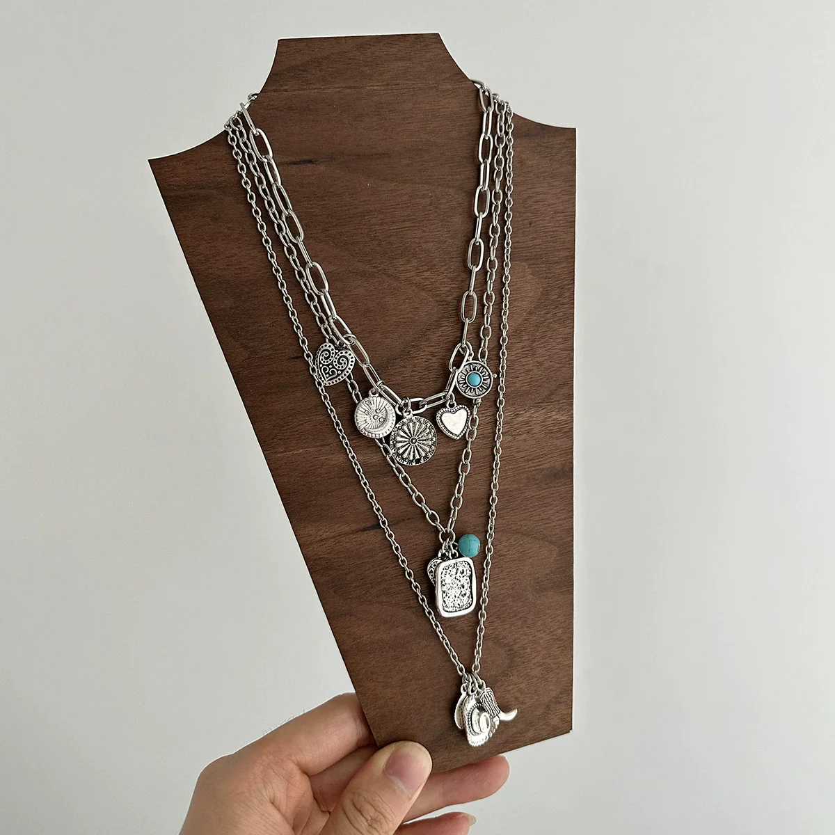 Pendant Necklace Metal Imitation Turquoise Geometric Heart Electroplated For Women - Image 4