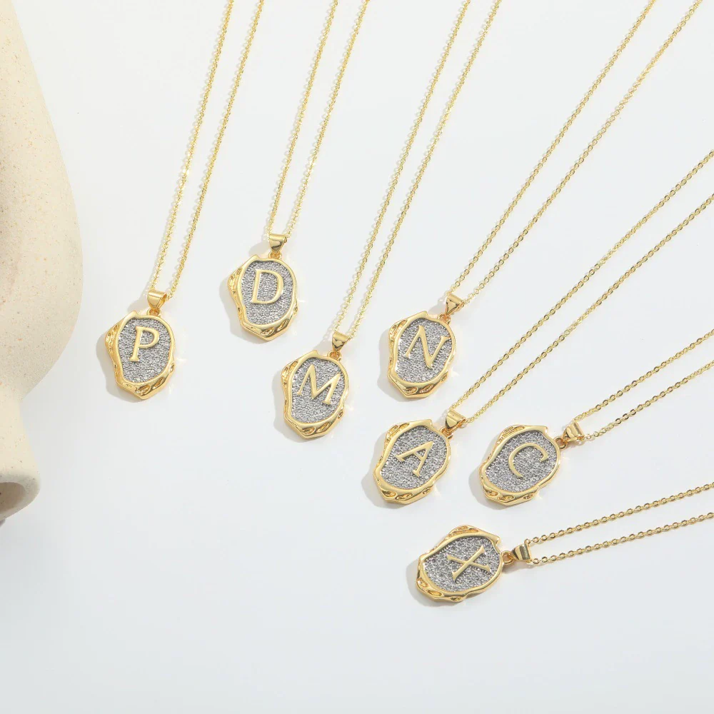 Pendant Necklace Mixed Gemstone Setting Copper Retro Asymmetrical Disc Oval Letters Pattern Electroplating - Image 5
