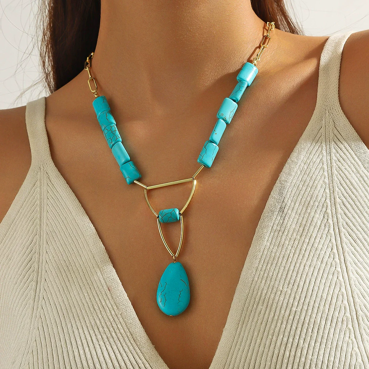 Pendant Necklace Turquoise Copper Geometric Electroplating Vintage Original Design - Image 3