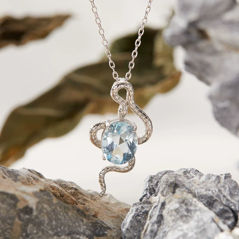Pendant Necklace Zodiac Snake Natural Colored Topaz Amethyst 925 Sterling Silver Inlaid Animal Pattern - Image 2