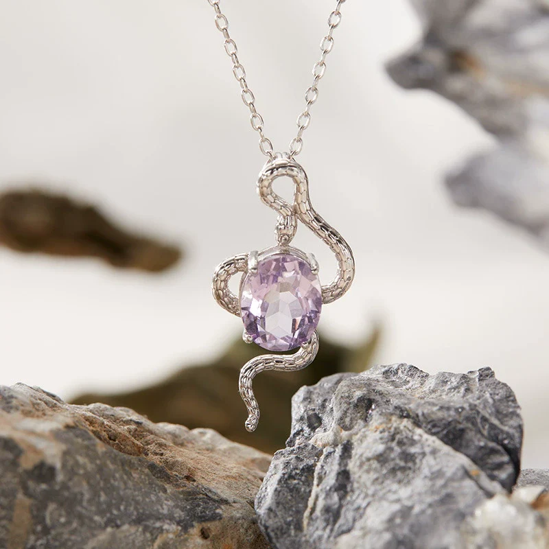 Pendant Necklace Zodiac Snake Natural Colored Topaz Amethyst 925 Sterling Silver Inlaid Animal Pattern - Image 4
