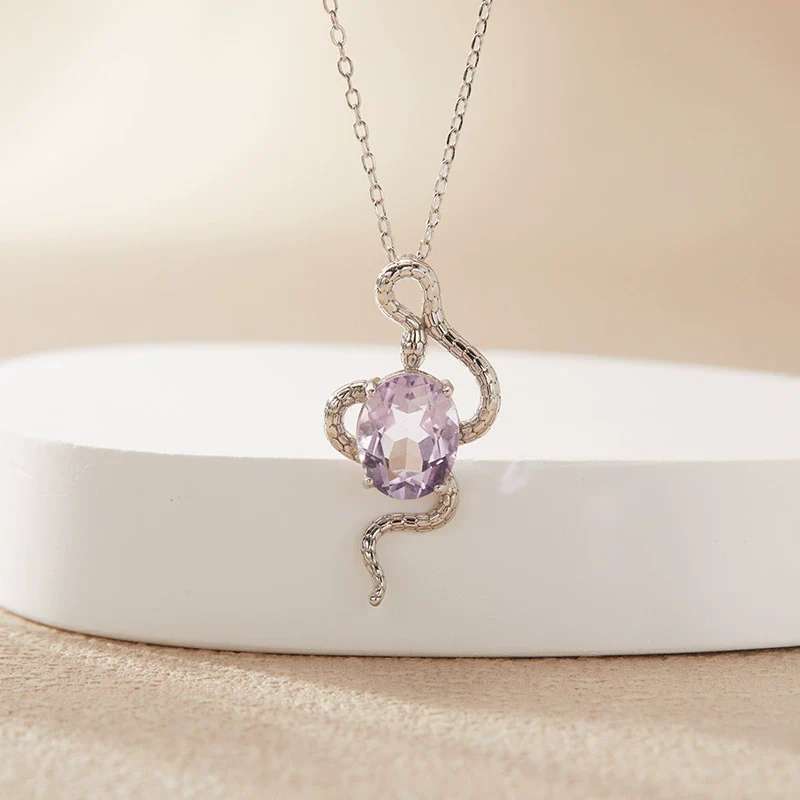 Pendant Necklace Zodiac Snake Natural Colored Topaz Amethyst 925 Sterling Silver Inlaid Animal Pattern - Image 6