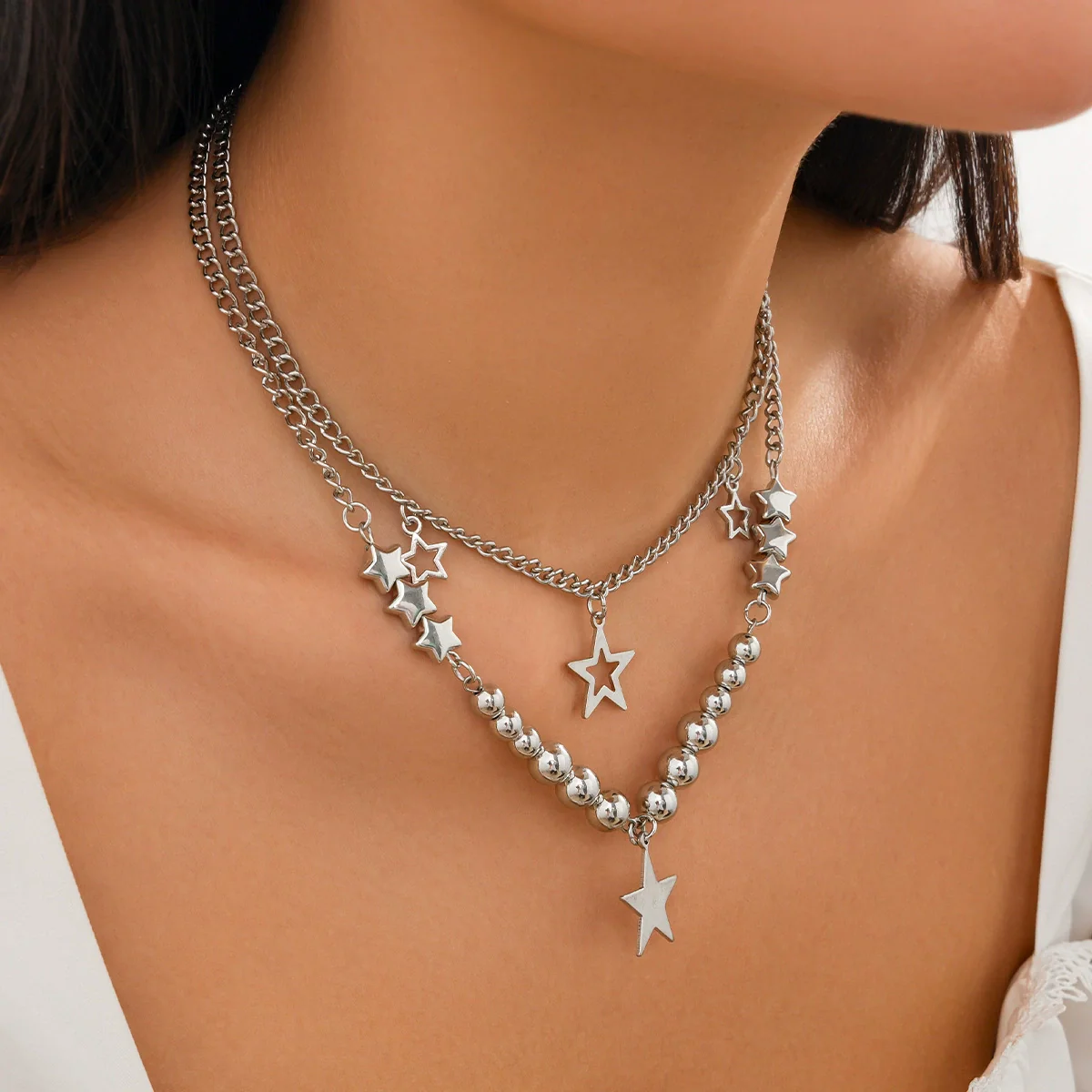 Pendant Tassel Necklace Imitation Pearl Alloy Heart Drop Star Geometric Electroplated For Women - Image 2