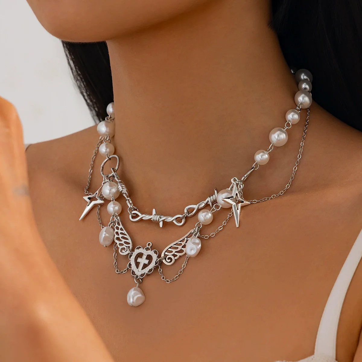 Pendant Tassel Necklace Imitation Pearl Alloy Heart Drop Star Geometric Electroplated For Women - Image 3