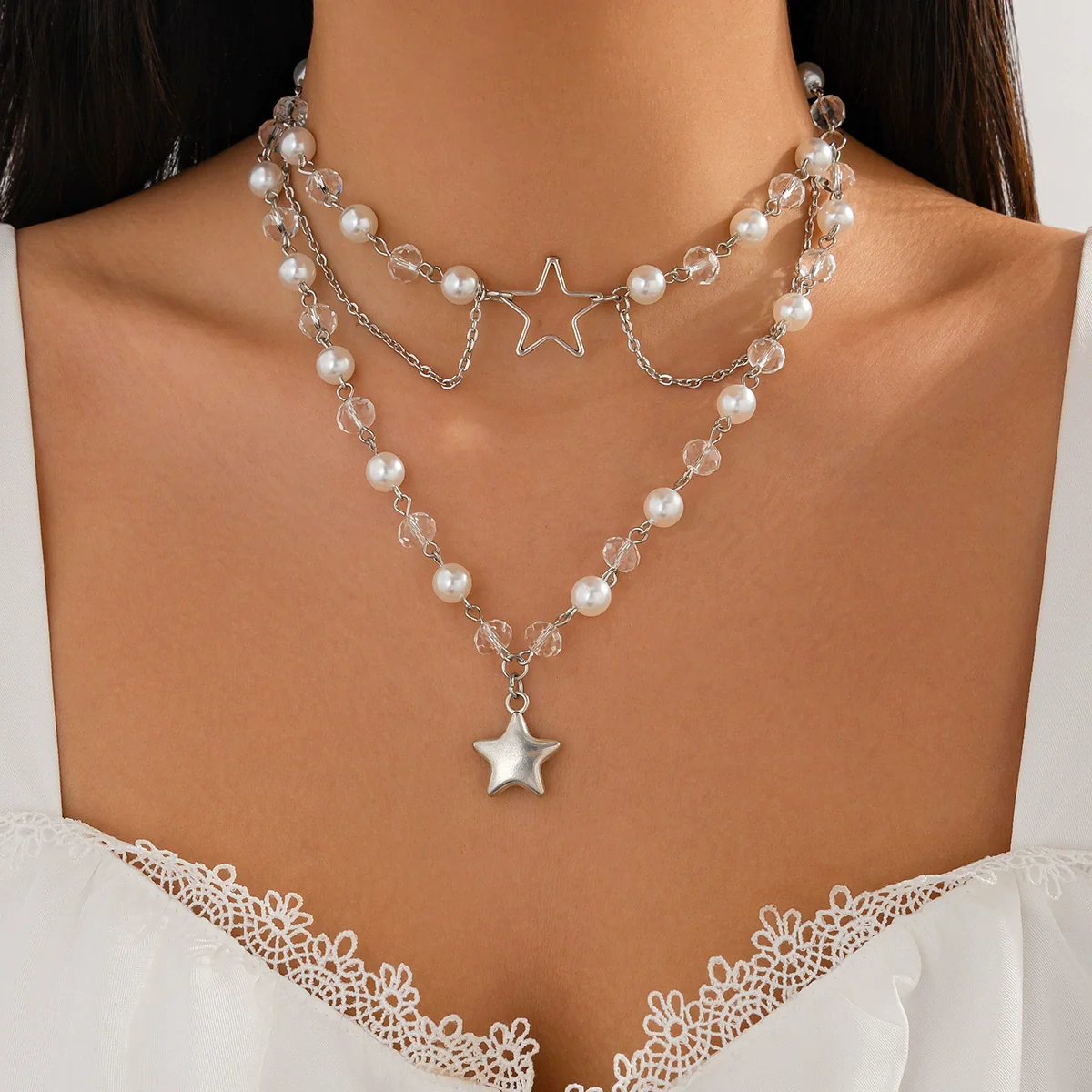 Pendant Tassel Necklace Imitation Pearl Alloy Heart Drop Star Geometric Electroplated For Women - Image 6