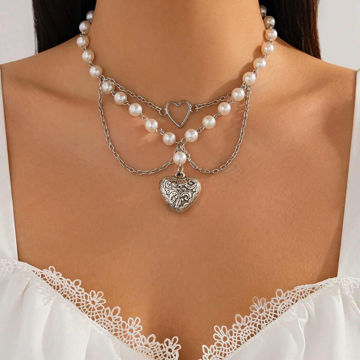 Pendant Tassel Necklace Imitation Pearl Alloy Heart Drop Star Geometric Electroplated For Women - Image 7