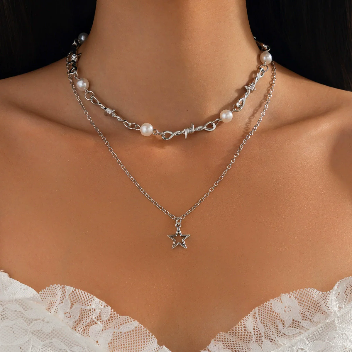 Pendant Tassel Necklace Imitation Pearl Alloy Heart Drop Star Geometric Electroplated For Women - Image 9
