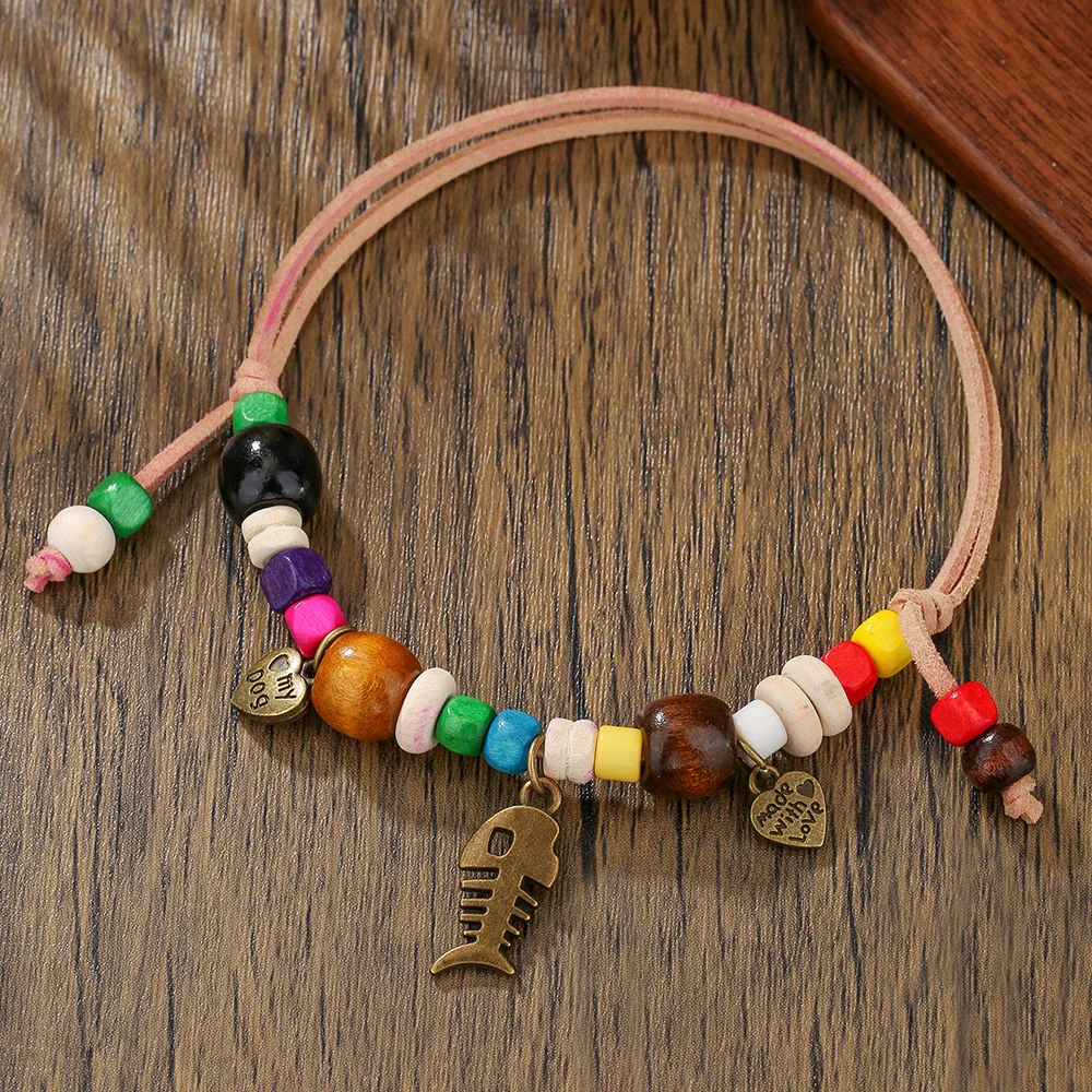 Pet Necklace Wooden Beads Alloy Velvet Rope Geometric Handmade