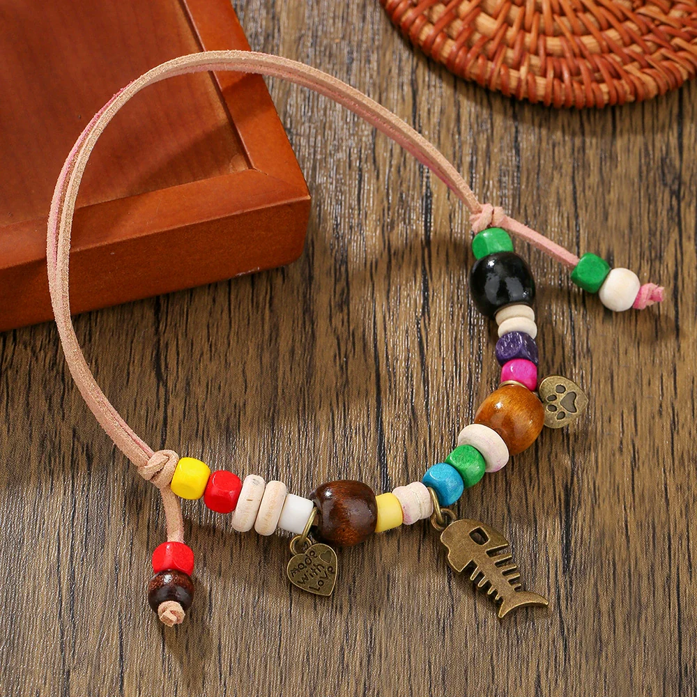 Pet Necklace Wooden Beads Alloy Velvet Rope Geometric Handmade - Image 3