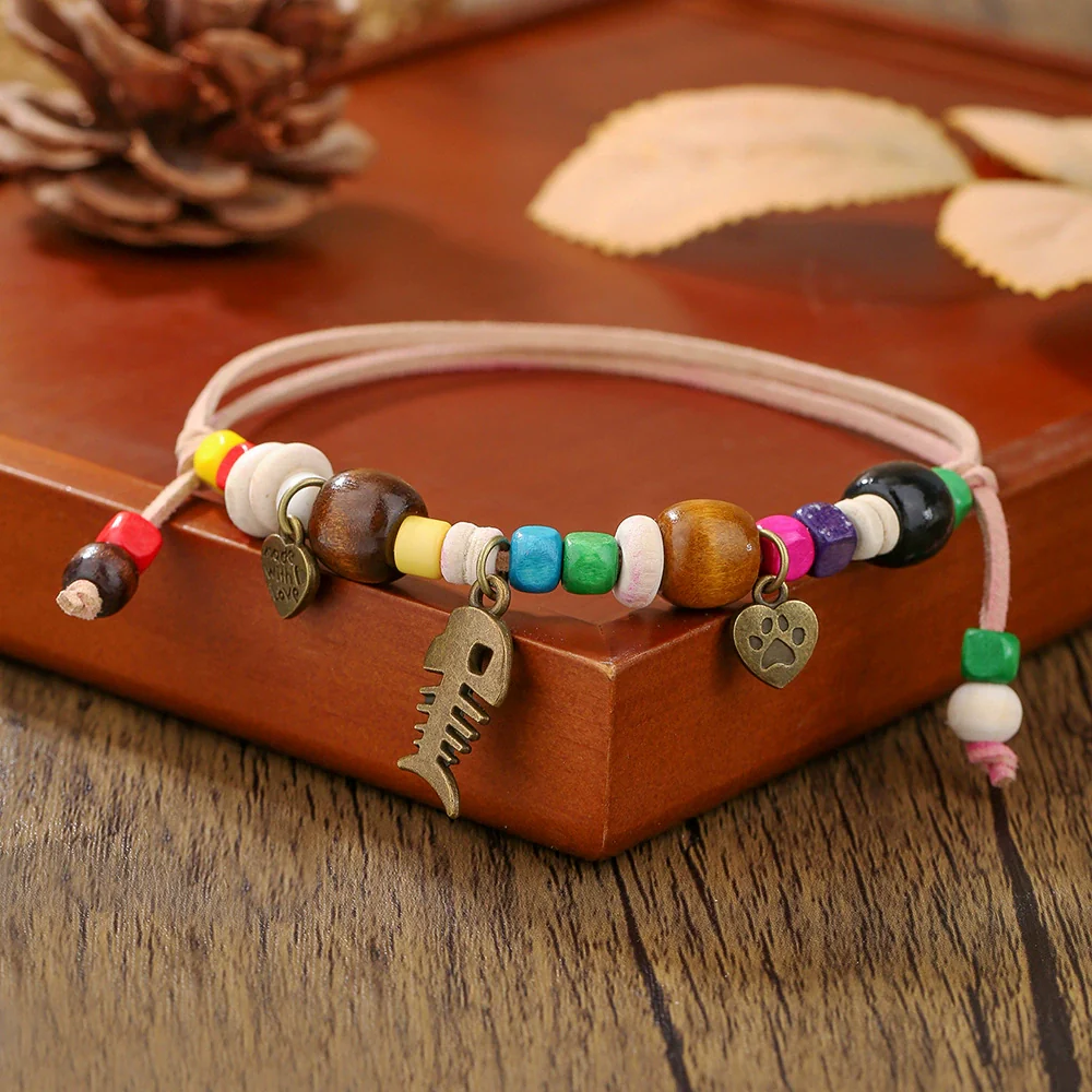 Pet Necklace Wooden Beads Alloy Velvet Rope Geometric Handmade - Image 4