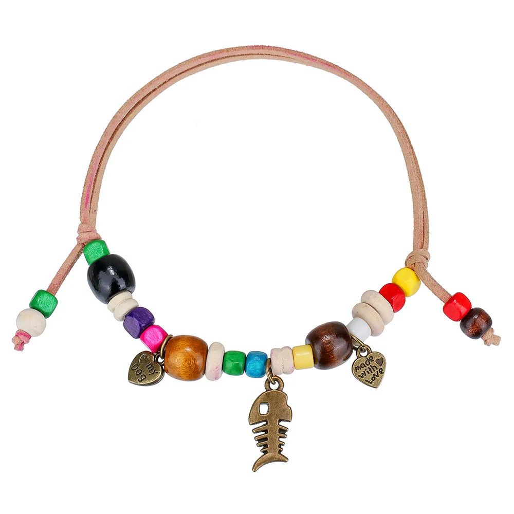 Pet Necklace Wooden Beads Alloy Velvet Rope Geometric Handmade - Image 5