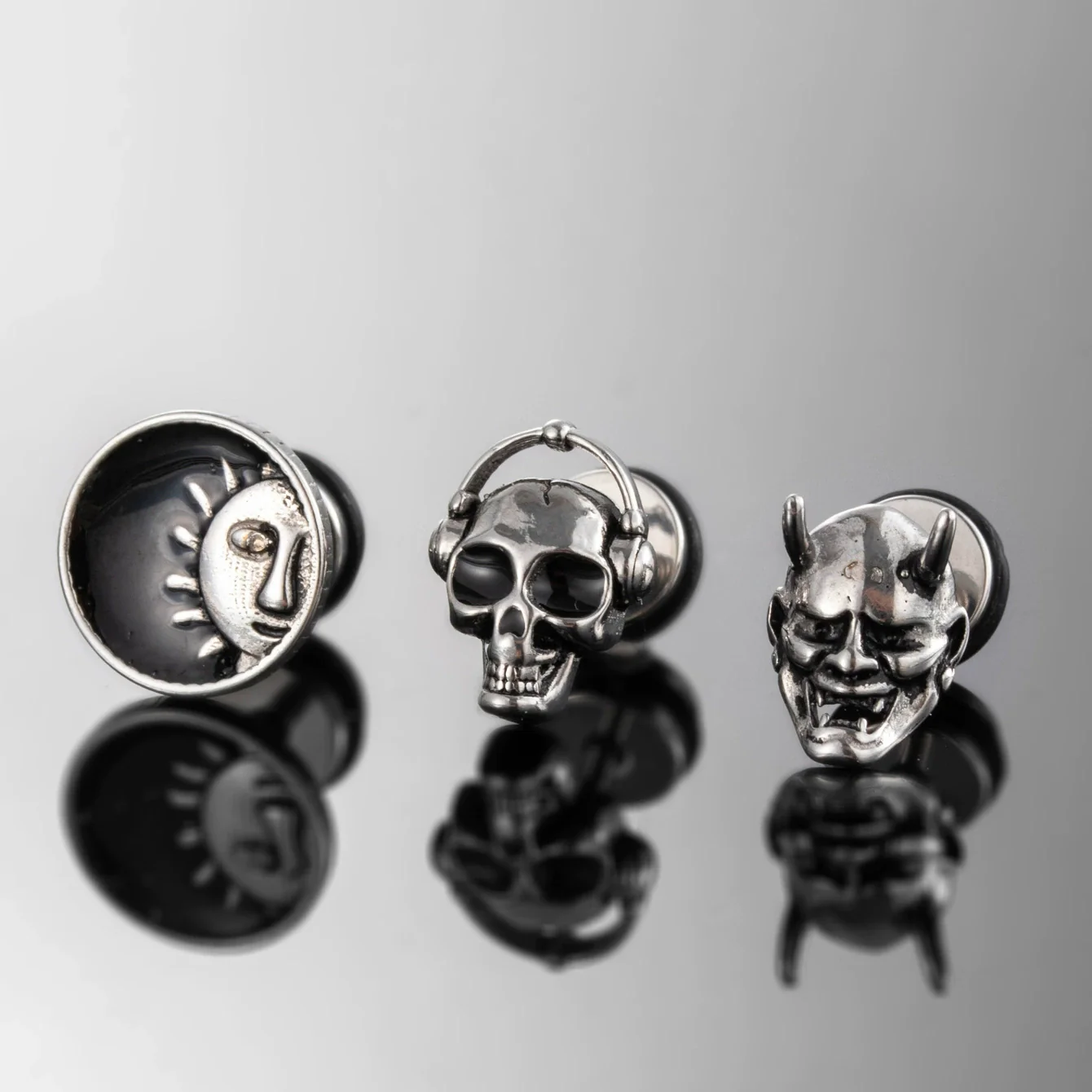 Piercing Earrings Stainless Steel Casting Inlaid Skull Sun Punk Style Polishing For Men