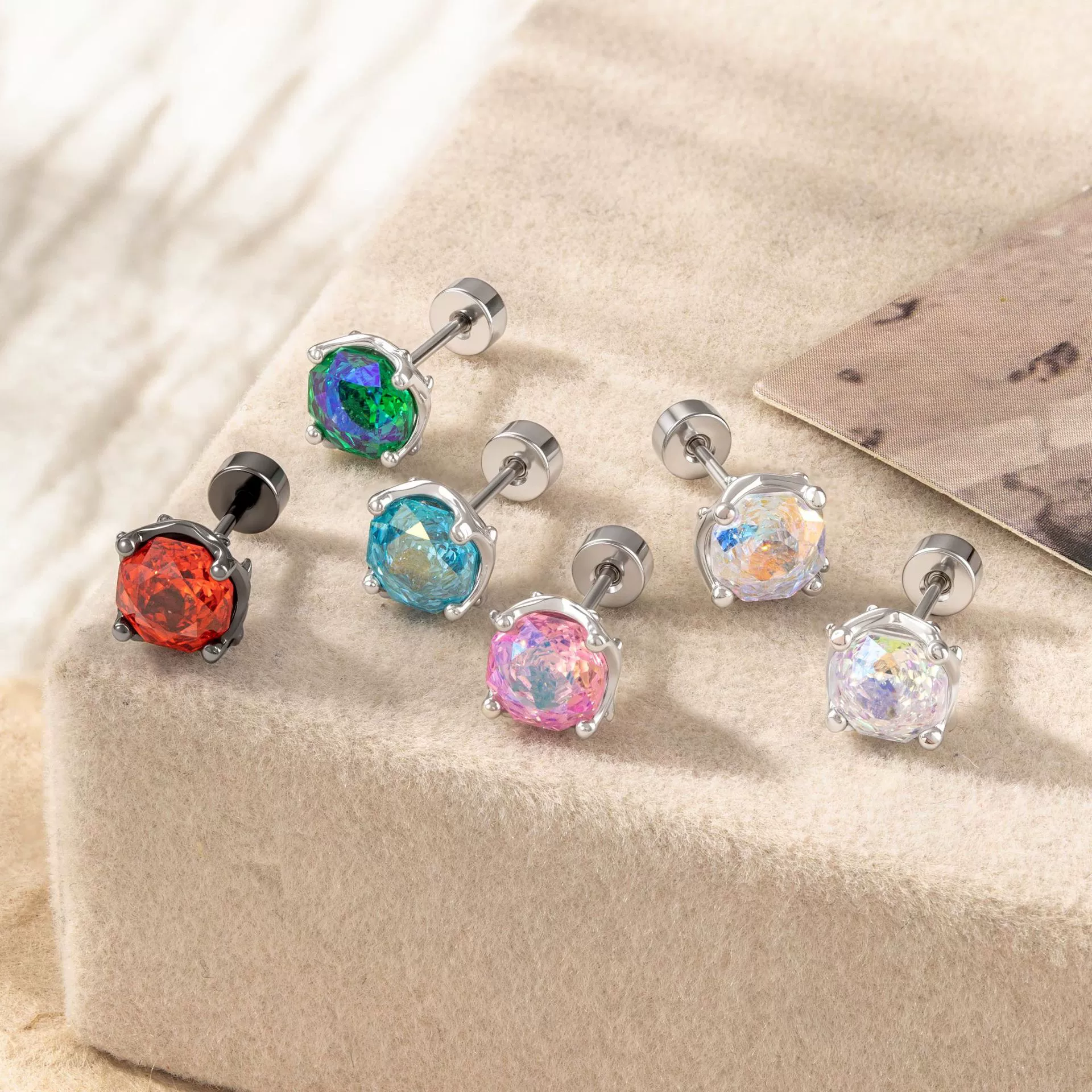 Piercing Earrings Titanium Steel Eightsided Rose Cut Flower Shape Zirconia Fashion Unisex - Image 4