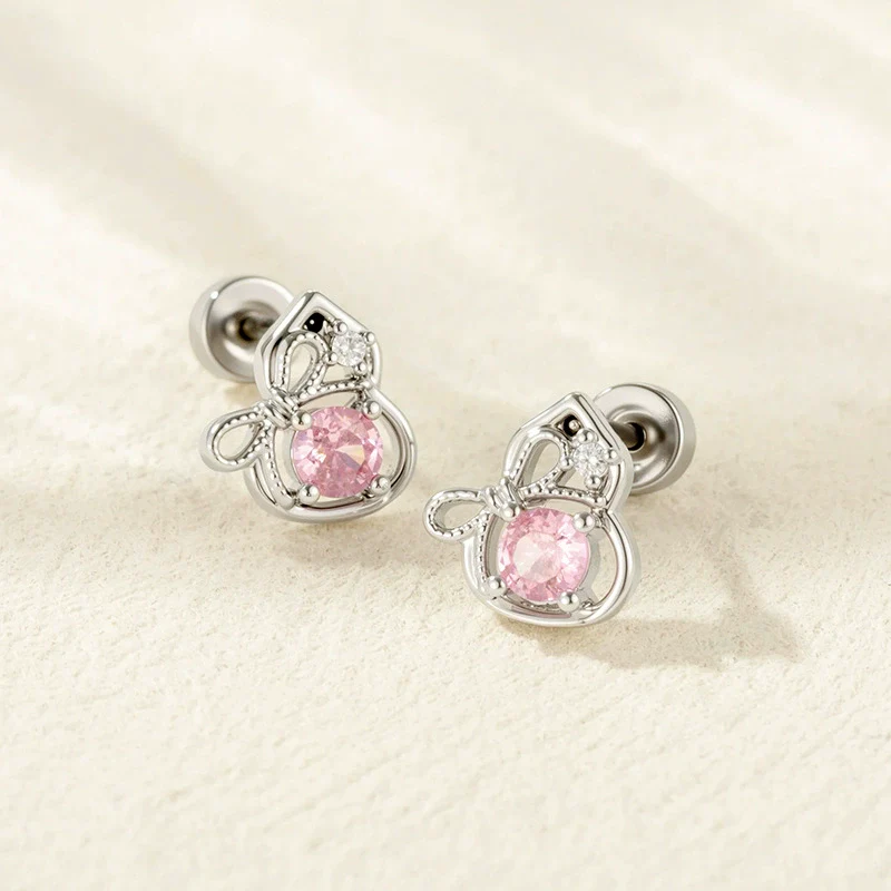 Piercing Earrings Titanium Steel Gourd Shape Bow Retro Zirconia - Image 4