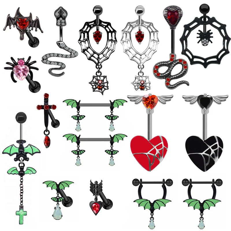 Piercing Jewelry Bat Series Heart Shaped Navel Ring Breast Ring Ear Bone Nail Made Of Rhinestone