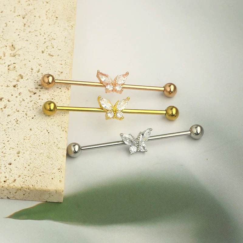 Piercing Jewelry Industrial Barbell Stud Earrings Butterfly Zircon Ear Bridge Double Ear Piercing Stainless Steel Geometric Electroplating Minimalist - Image 5