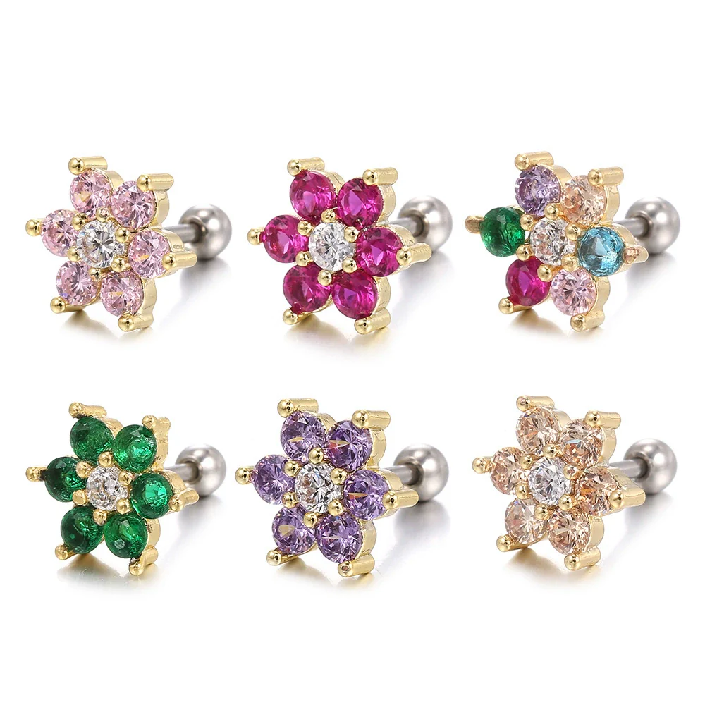 Piercing Jewelry Screw Earrings Copper Real Gold Plated Small Flower Zircon For Women