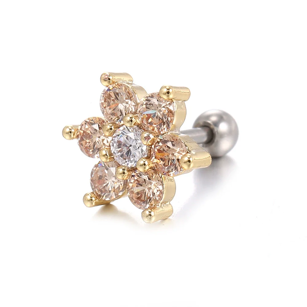 Piercing Jewelry Screw Earrings Copper Real Gold Plated Small Flower Zircon For Women - Image 10