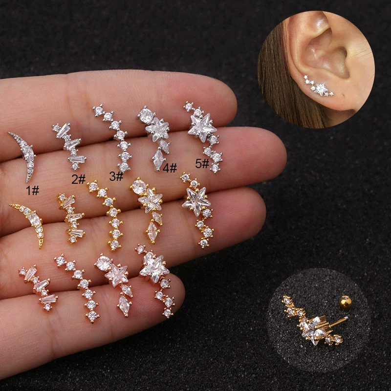 Piercing Jewelry Stainless Steel Thin Rod Ear Bone Stud Fivepointed Star Zircon Inlaid Rose Gold For Women