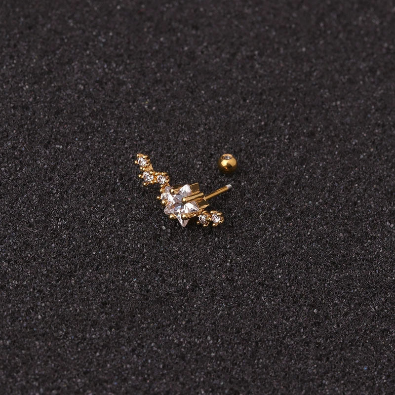 Piercing Jewelry Stainless Steel Thin Rod Ear Bone Stud Fivepointed Star Zircon Inlaid Rose Gold For Women - Image 2