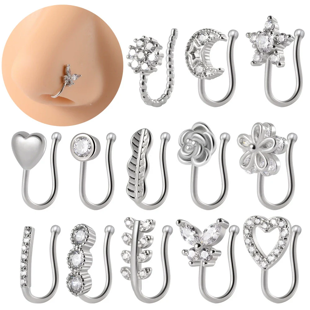 Piercing Nose Ring And Ear Clip Copper Inlaid With Flower Heart Leaf Moon Shapes Unisex Style