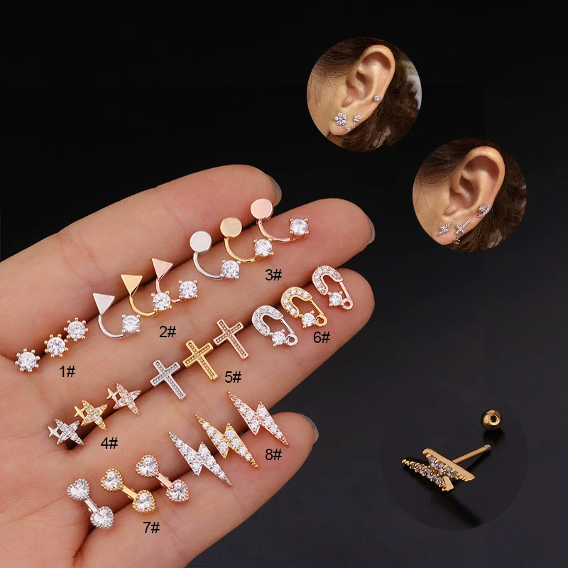 Piercing Thread Earrings Stainless Steel Rose Gold Zircon Geometric Fashion Jewelry For Women