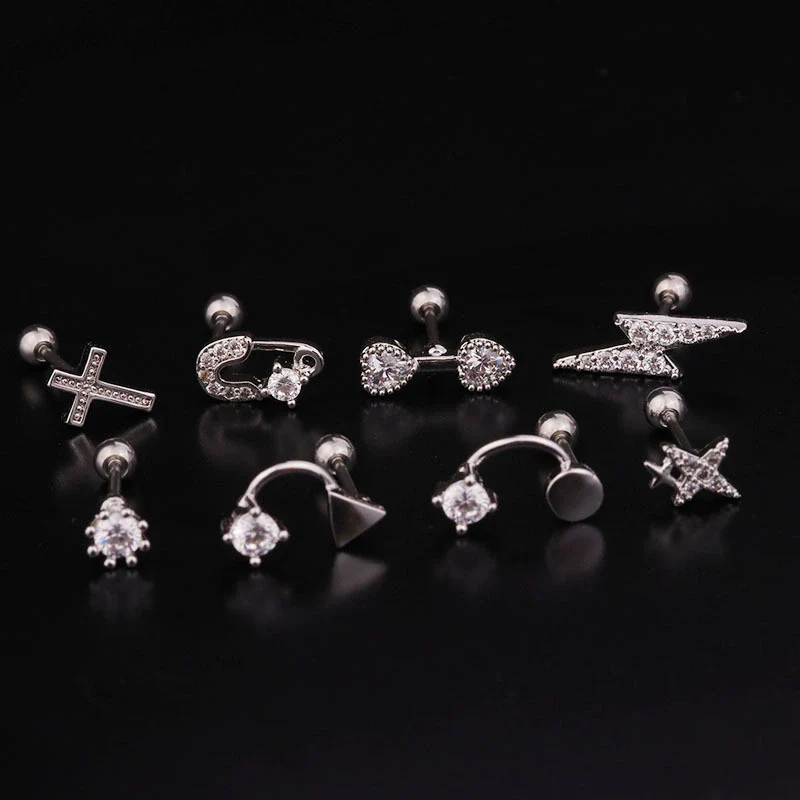 Piercing Thread Earrings Stainless Steel Rose Gold Zircon Geometric Fashion Jewelry For Women - Image 2