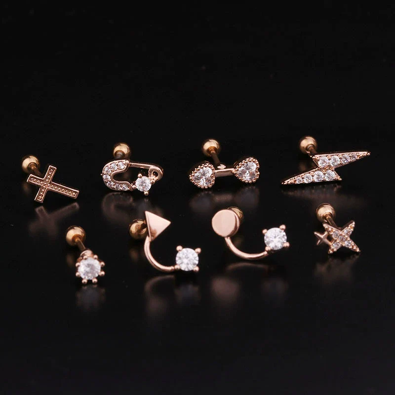 Piercing Thread Earrings Stainless Steel Rose Gold Zircon Geometric Fashion Jewelry For Women - Image 3