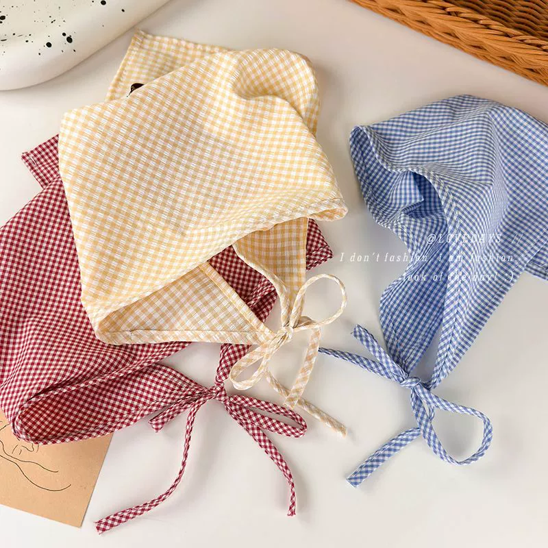 Plaid Silk Turban Scarf For Women Spring And Summer Hair Accessory In French Pastoral Style