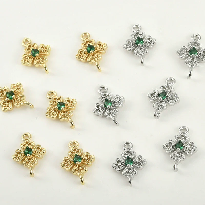 Pocket Green Zirconium Double Hanging Four Leaf Flower Pendant Diy Hand Beaded Copper Electroplated Bracelet Necklace Connection Accessories