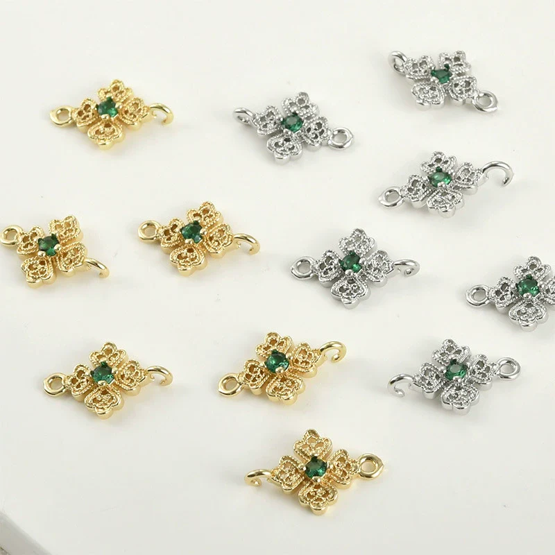Pocket Green Zirconium Double Hanging Four Leaf Flower Pendant Diy Hand Beaded Copper Electroplated Bracelet Necklace Connection Accessories - Image 3