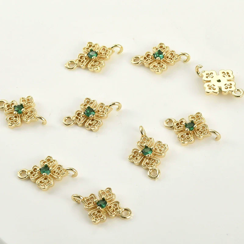 Pocket Green Zirconium Double Hanging Four Leaf Flower Pendant Diy Hand Beaded Copper Electroplated Bracelet Necklace Connection Accessories - Image 4