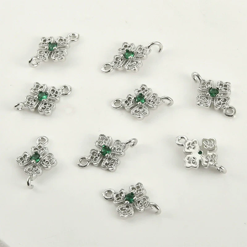 Pocket Green Zirconium Double Hanging Four Leaf Flower Pendant Diy Hand Beaded Copper Electroplated Bracelet Necklace Connection Accessories - Image 5