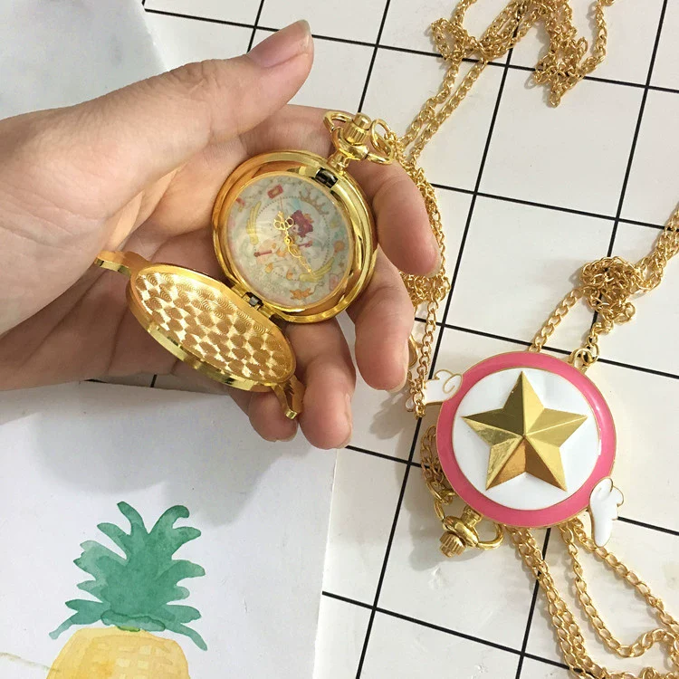 Pocket Watch Alloy Female Cartoon Round Dial With Angel Wings And Sakura Stars Hanging Chain - Image 2