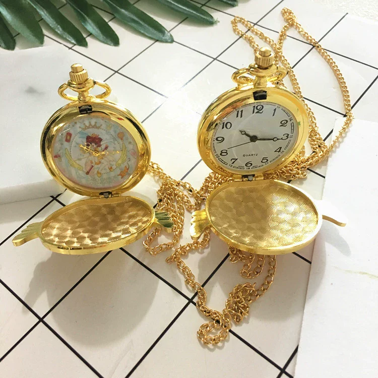 Pocket Watch Alloy Female Cartoon Round Dial With Angel Wings And Sakura Stars Hanging Chain - Image 4