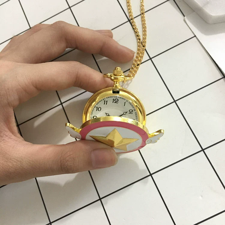 Pocket Watch Alloy Female Cartoon Round Dial With Angel Wings And Sakura Stars Hanging Chain - Image 5