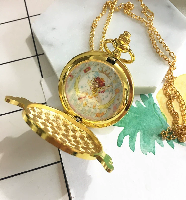Pocket Watch Alloy Female Cartoon Round Dial With Angel Wings And Sakura Stars Hanging Chain - Image 7