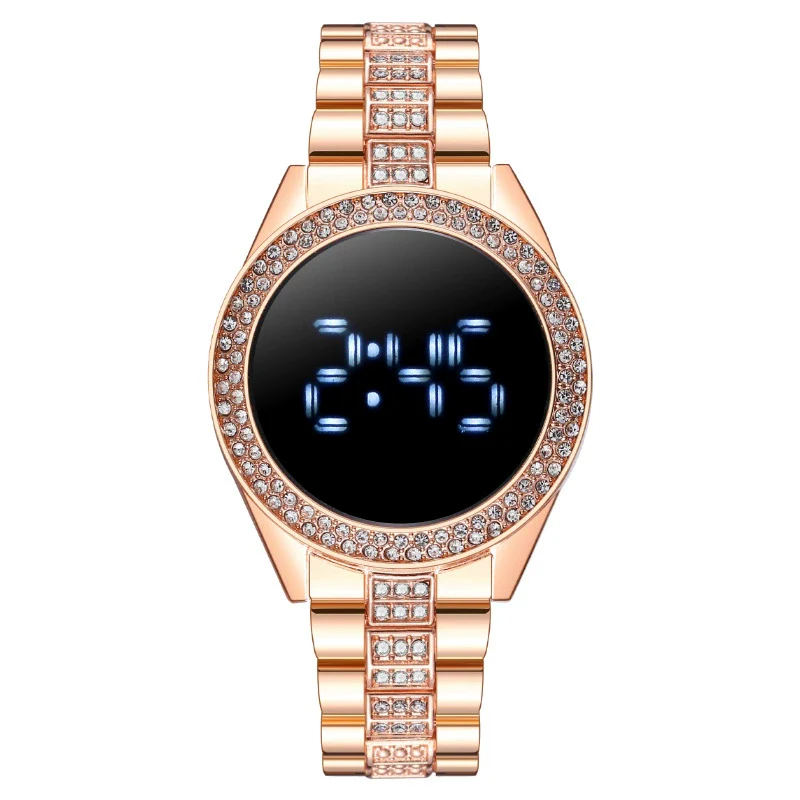 Popular Fashion Diamondencrusted Digital Watch With Metal Case And Strap Round Dial Mineral Reinforced Glass Mirror