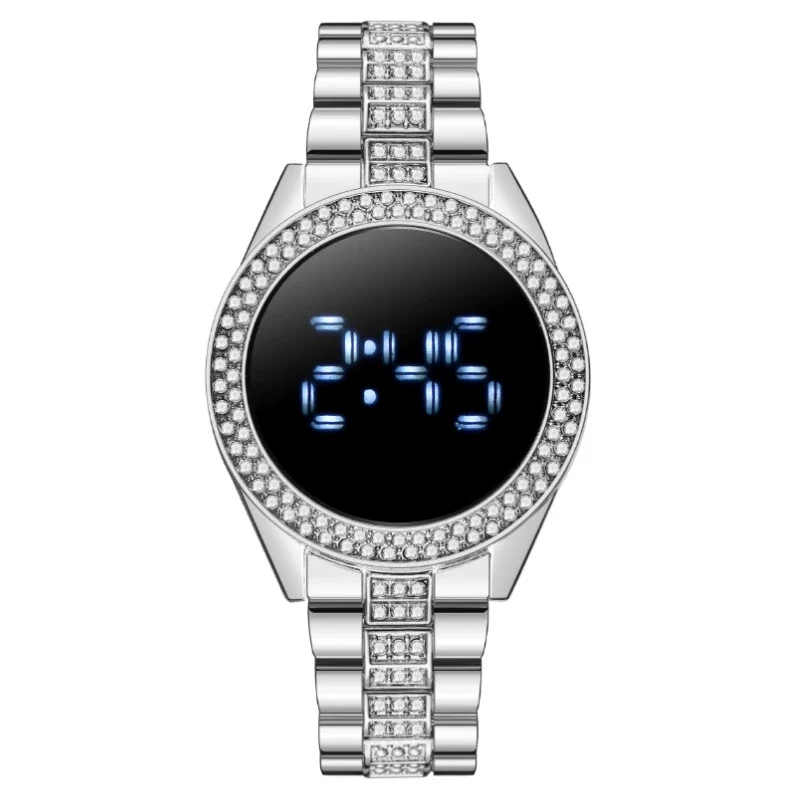 Popular Fashion Diamondencrusted Digital Watch With Metal Case And Strap Round Dial Mineral Reinforced Glass Mirror - Image 9