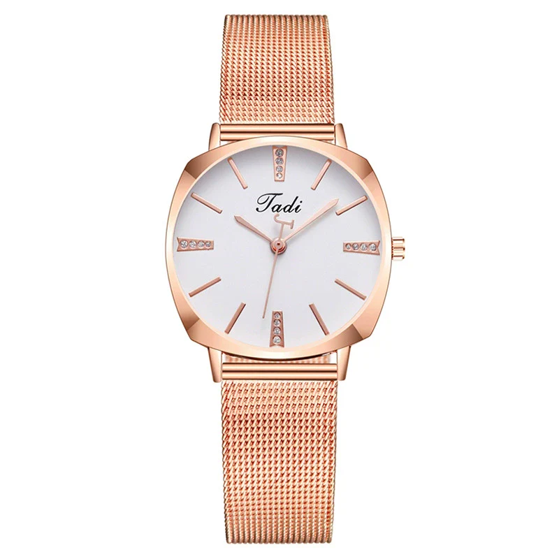 Popular Fashion Women's Metal Mesh Belt Square Dial Quartz Watch With Diamond Encrustment And Stainless Steel Buckle
