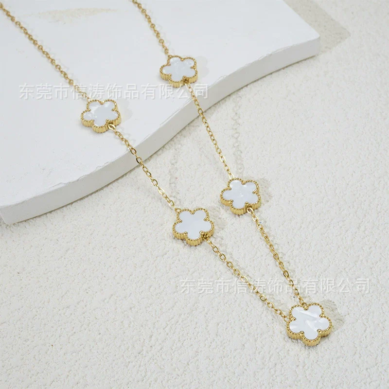 Popular Women's Titanium Steel And Stainless Steel Electroplated Doublesided Fiveleaf Clover Necklace With Motherofpearl And Geometric Design - Image 2