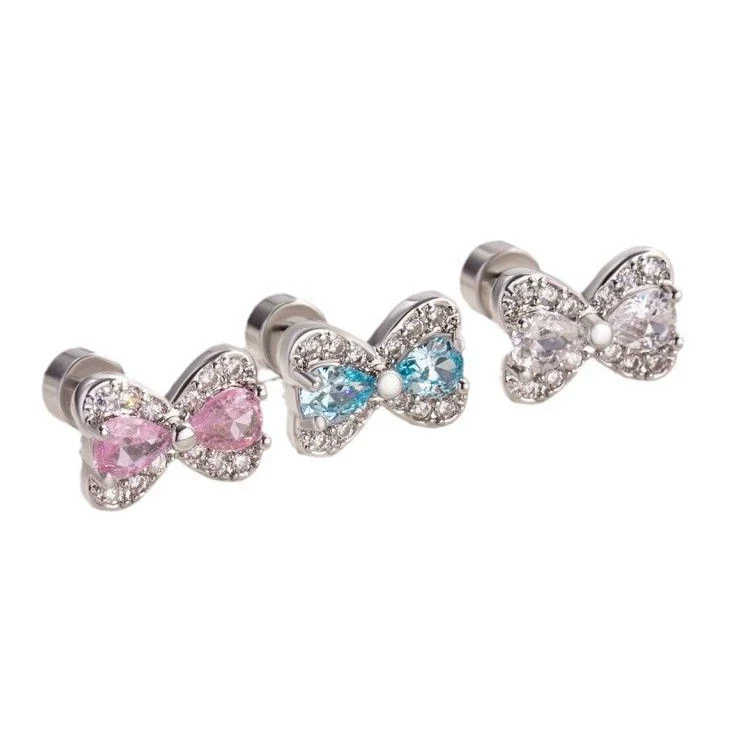Princess Bow Titanium Steel Inlaid Zircon Earrings For Girls - Image 4
