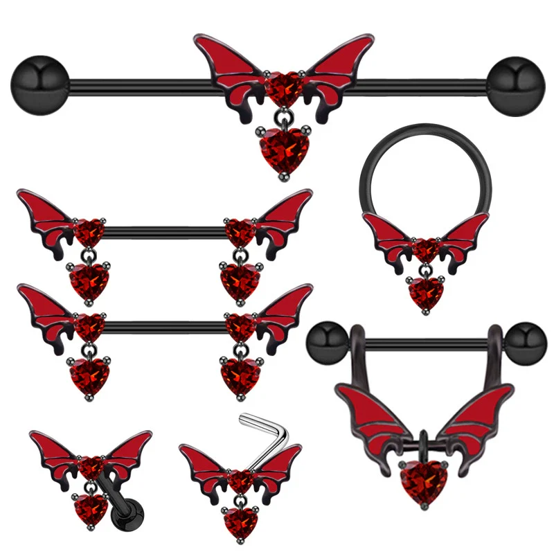 Puncture Jewelry Stainless Steel Heartshaped Electroplated Belly Button Ring Bat Chest Ring Nose Nail Ear Bone Nail