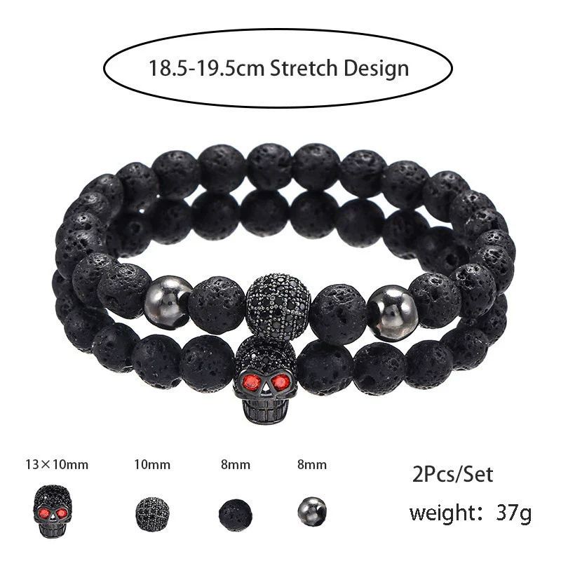 Punk Bracelet Copper Inlaid With Zircon Volcanic Stone Ball Skull Handmade Unisex - Image 2