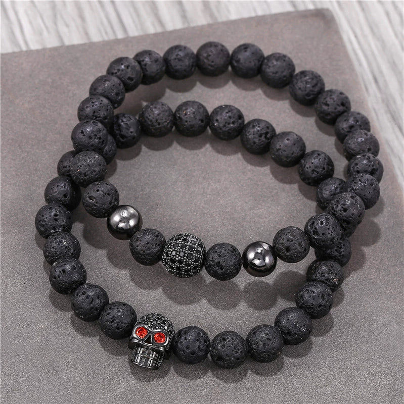 Punk Bracelet Copper Inlaid With Zircon Volcanic Stone Ball Skull Handmade Unisex - Image 3