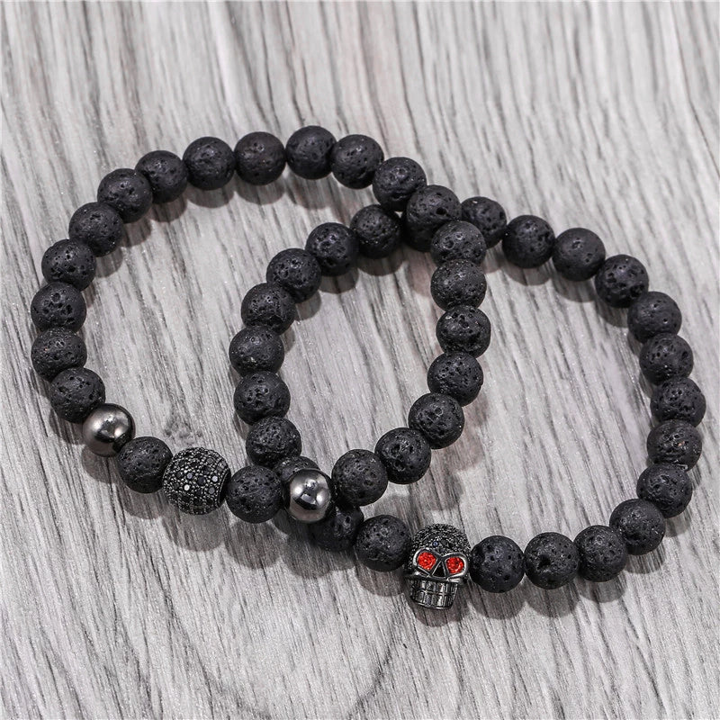 Punk Bracelet Copper Inlaid With Zircon Volcanic Stone Ball Skull Handmade Unisex - Image 4
