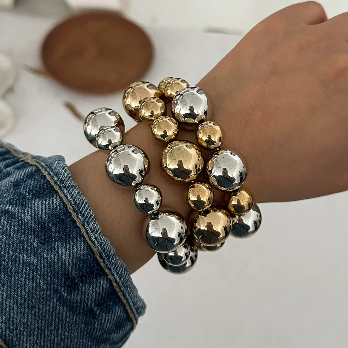 Punk Geometric Resin Beaded Elastic Bracelet For Women With Electroplating - Image 8