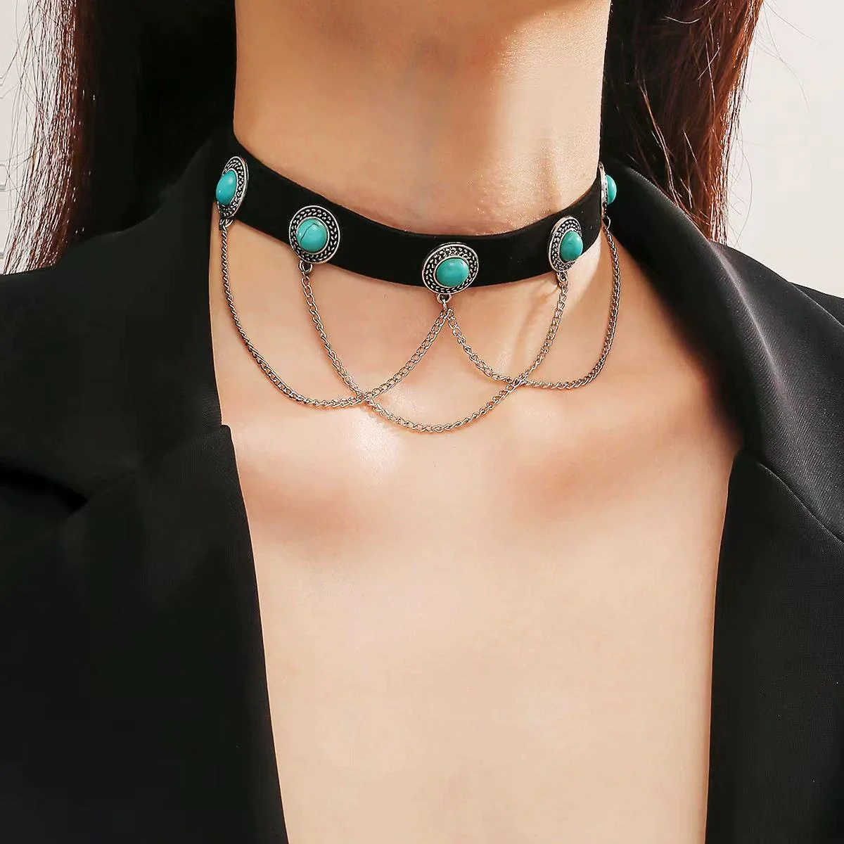Punk Gothic Necklace Black Artificial Leather Zinc Alloy Twisted Chain Geometric Electroplating Jewelry - Image 3