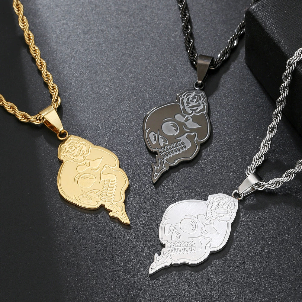 Punk Gothic Style Stainless Steel And Titanium Steel Rose Skull Pendant Necklace With Twist Chain And Geometric Pattern Handmade For Men - Image 3