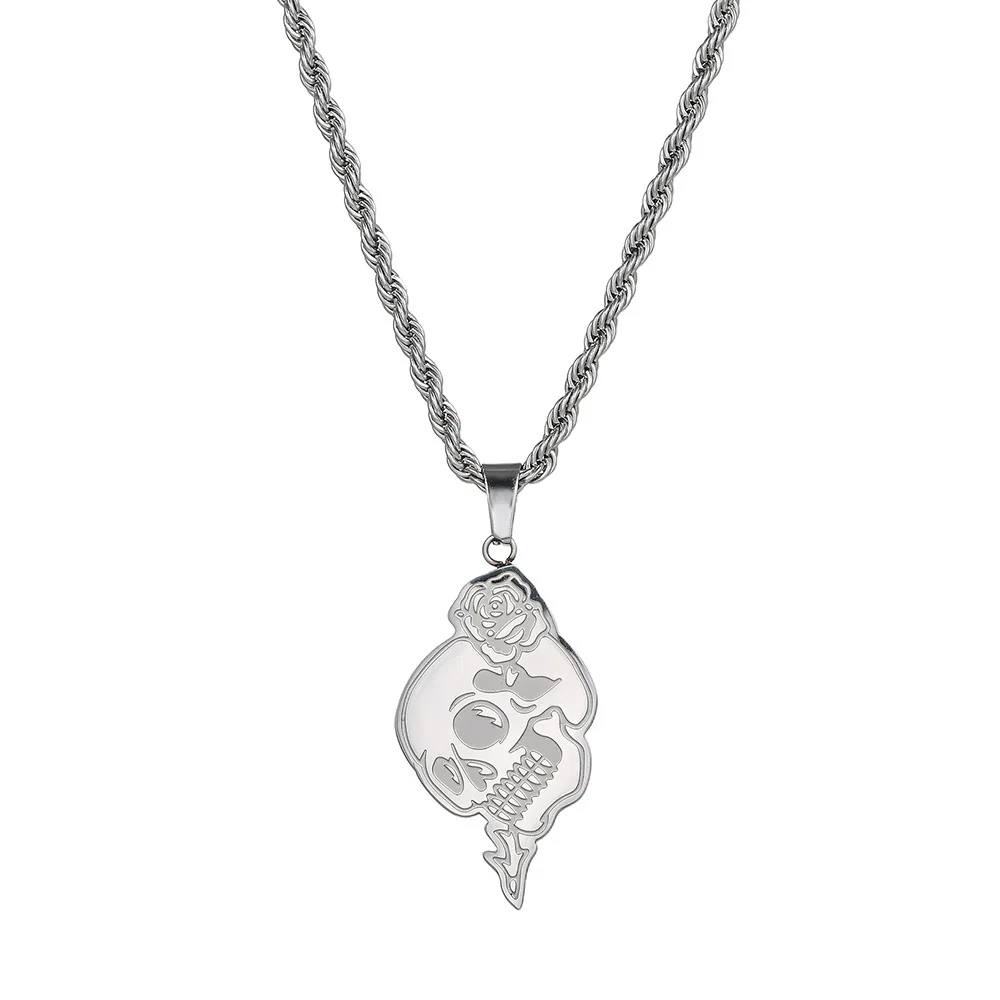 Punk Gothic Style Stainless Steel And Titanium Steel Rose Skull Pendant Necklace With Twist Chain And Geometric Pattern Handmade For Men - Image 5